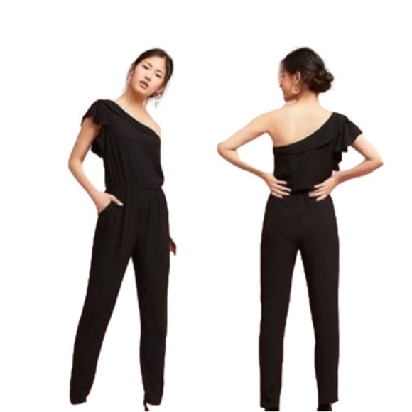 Anthropologie Greylin Black One Shoulder Ruffle Jumpsuit Women’s Size Medium - Picture 2 of 5